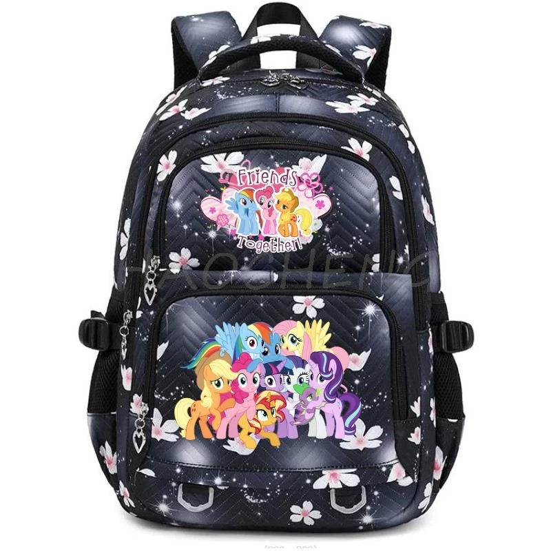 A dark blue and black backpack featuring a floral pattern and colorful characters on the front.