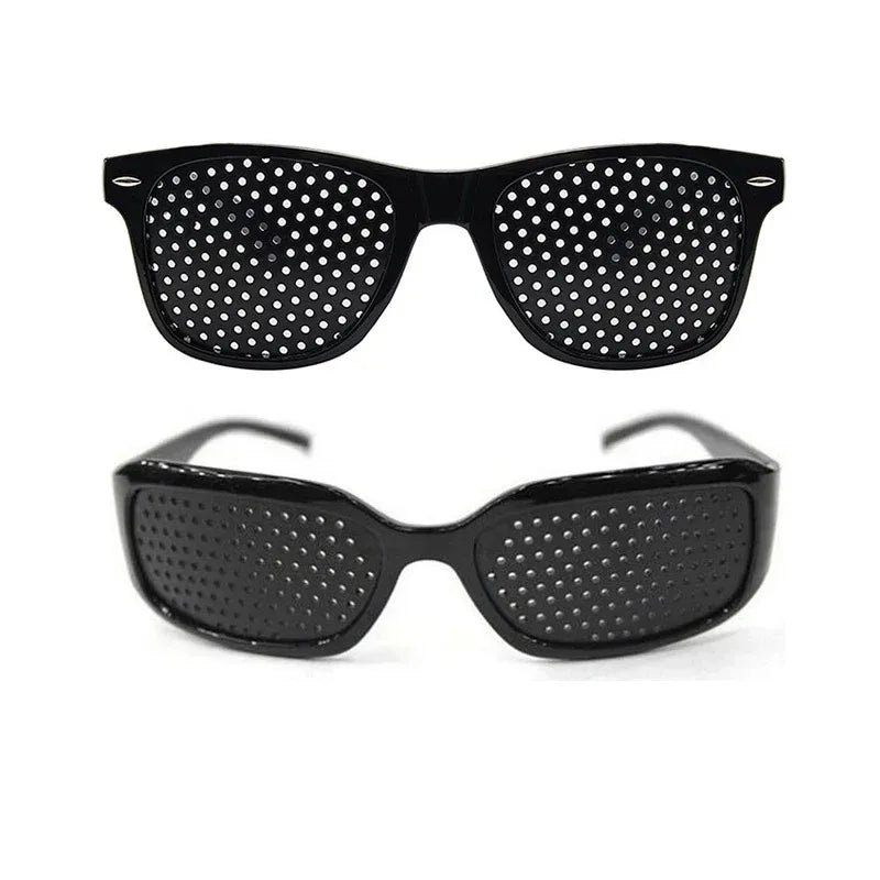 A pair of black precision vision correction glasses shown in two views.