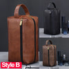 A brown PU leather toiletry bag with a zipper and handle shown in various angles.