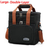 Black large double-layer insulated lunch bag with brown straps and buckles