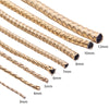 A collection of braided leather cords in various diameters ranging from 3mm to 12mm.