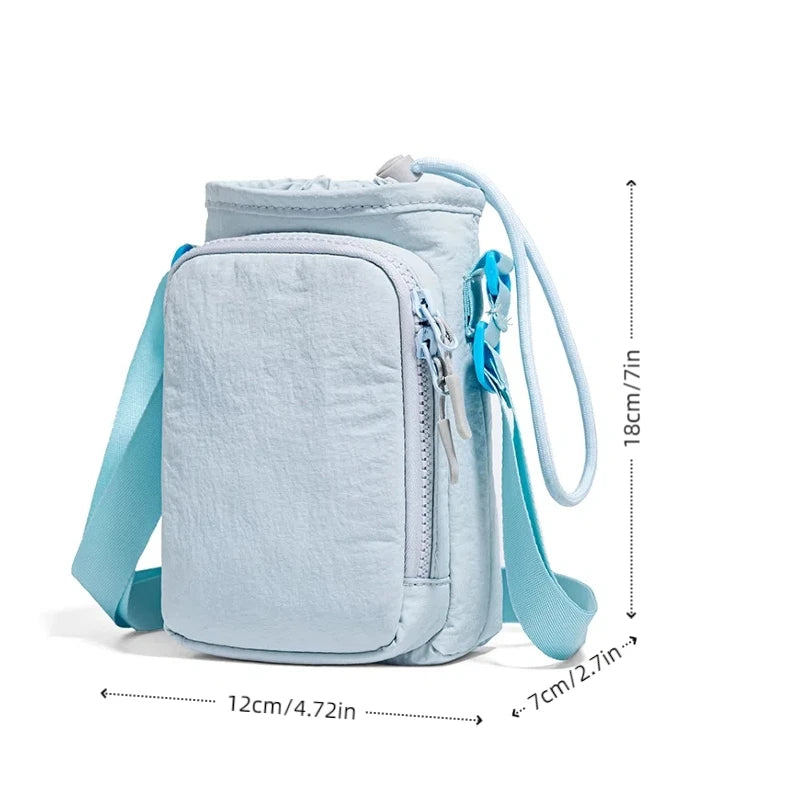 Light blue adjustable water bottle carrier bag with a phone pocket and strap