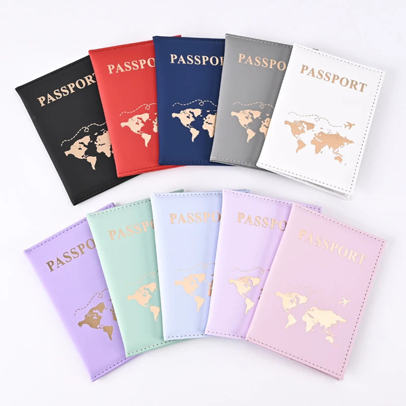 A collection of elegant PU leather passport holder wallets in various colors including black, red, blue, gray, and pink.
