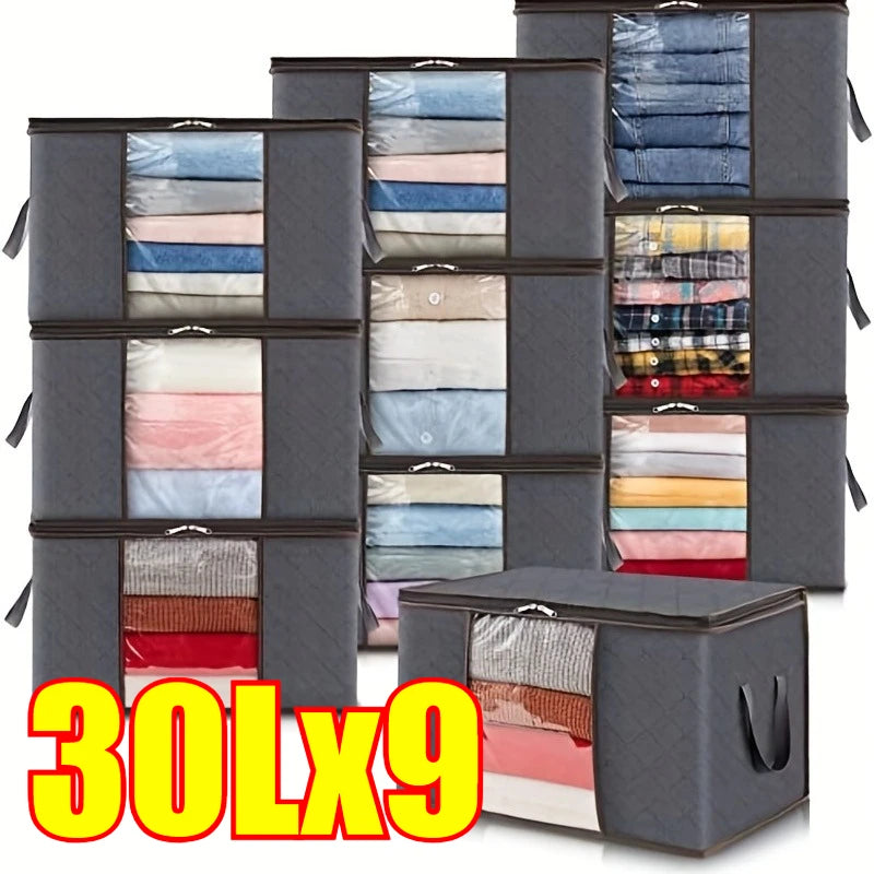Nine dark gray foldable storage bags filled with neatly folded clothing and bedding.