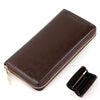 A dark brown genuine leather zipper wallet shown from above and a close-up view of the interior.