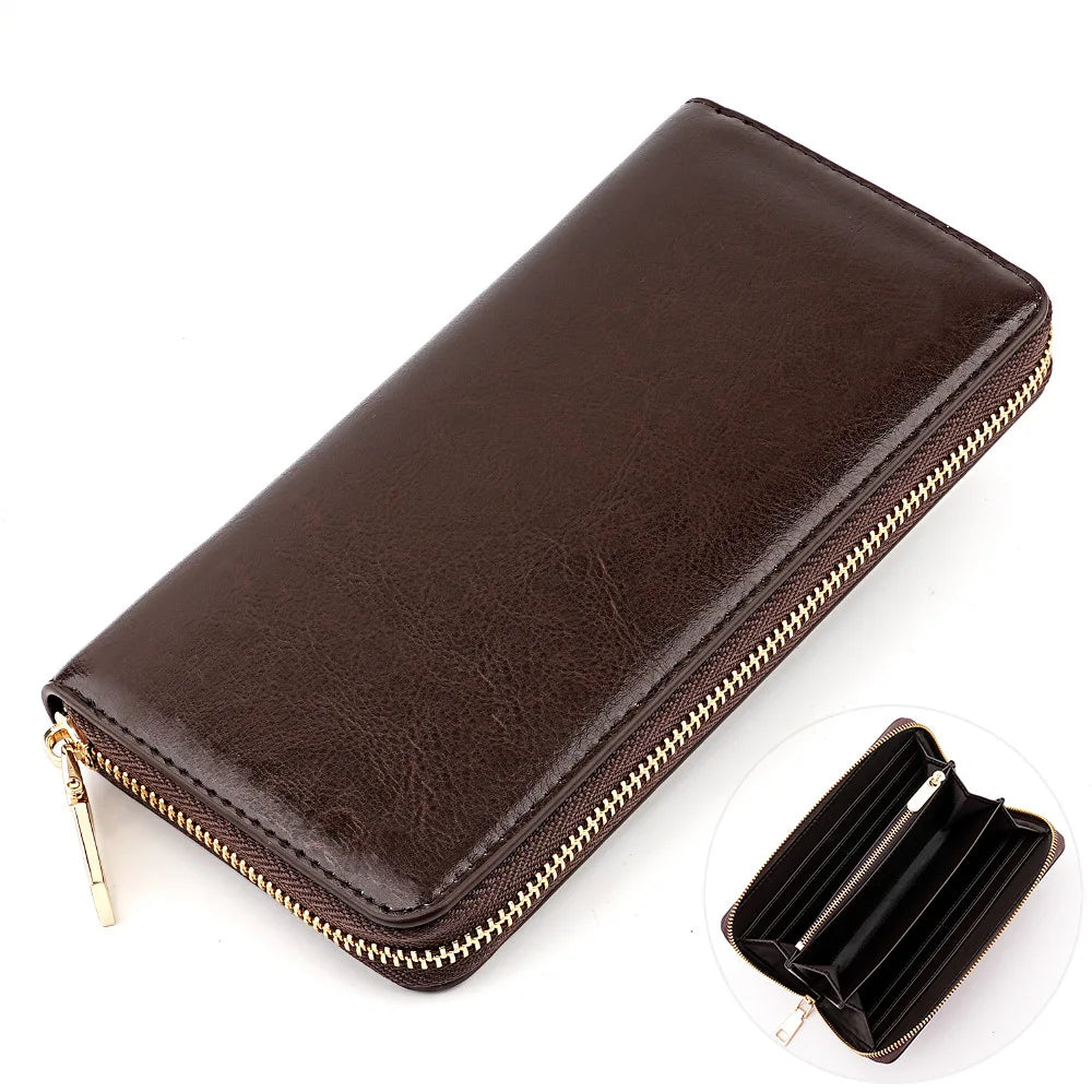 A dark brown genuine leather zipper wallet shown from above and a close-up view of the interior.