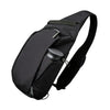 Black crossbody sling bag designed for carrying a tablet and water bottle.