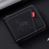A black leather card clip wallet with a embossed silhouette of a horse and a leather tag.