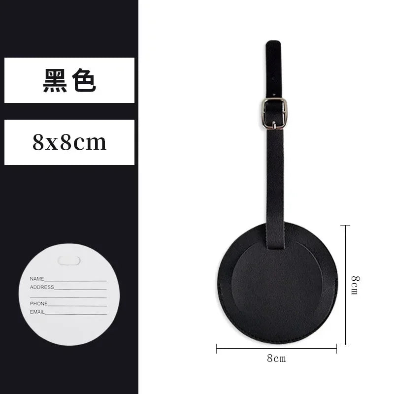 Black PU leather luggage tag with a black strap and round tag.