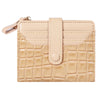 A beige PU leather card wallet with a flap closure and double zip on the front.