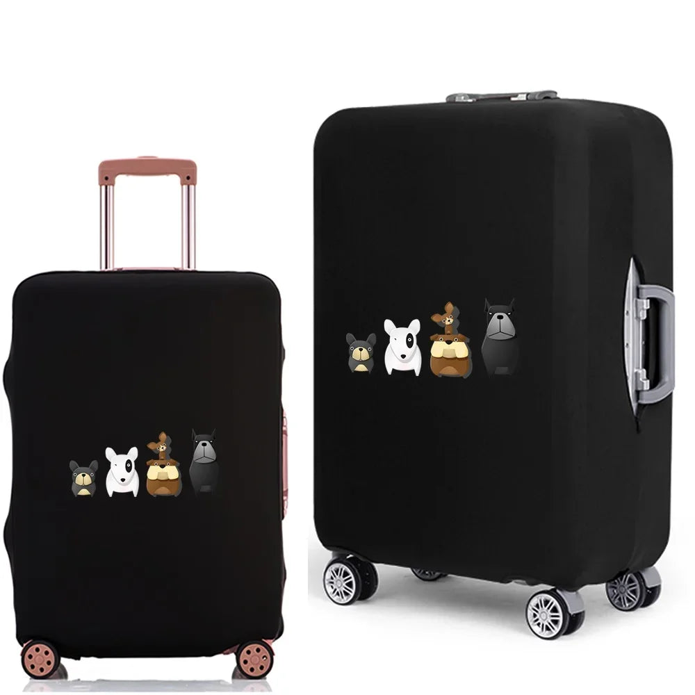 Black elastic luggage cover with a cartoon print featuring various animal characters.