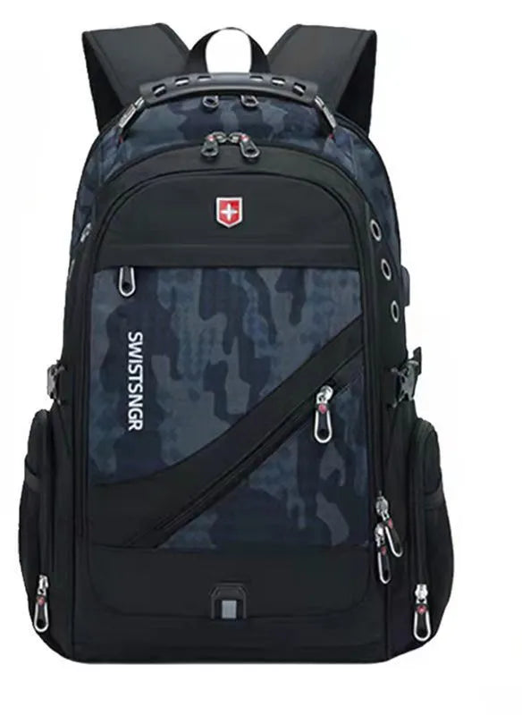 Mochila de viaje grande para hombre suiza negra con patrón de camuflaje y herrajes plateados