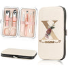 A beige cosmetic case containing a 7-piece stainless steel nail clipper set and a large matching cosmetic pouch.