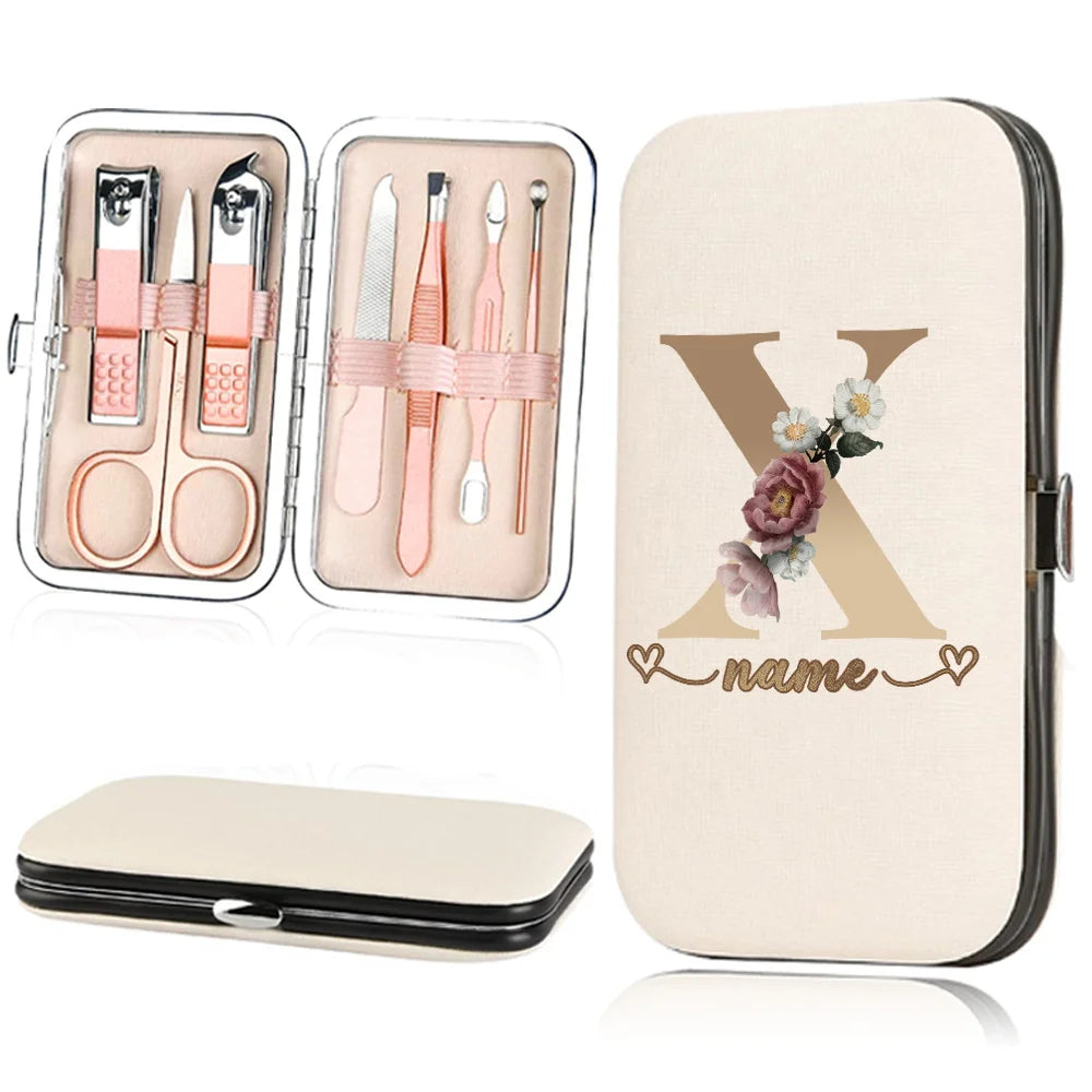 A beige cosmetic case containing a 7-piece stainless steel nail clipper set and a large matching cosmetic pouch.