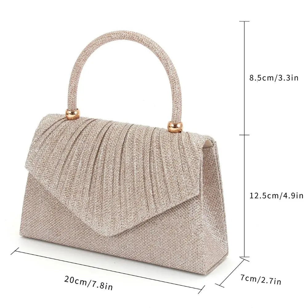 A beige pleated lightweight crossbody evening bag shown in a side profile.