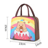 A brown insulated lunch bag featuring a cartoon bear design with a rainbow background.