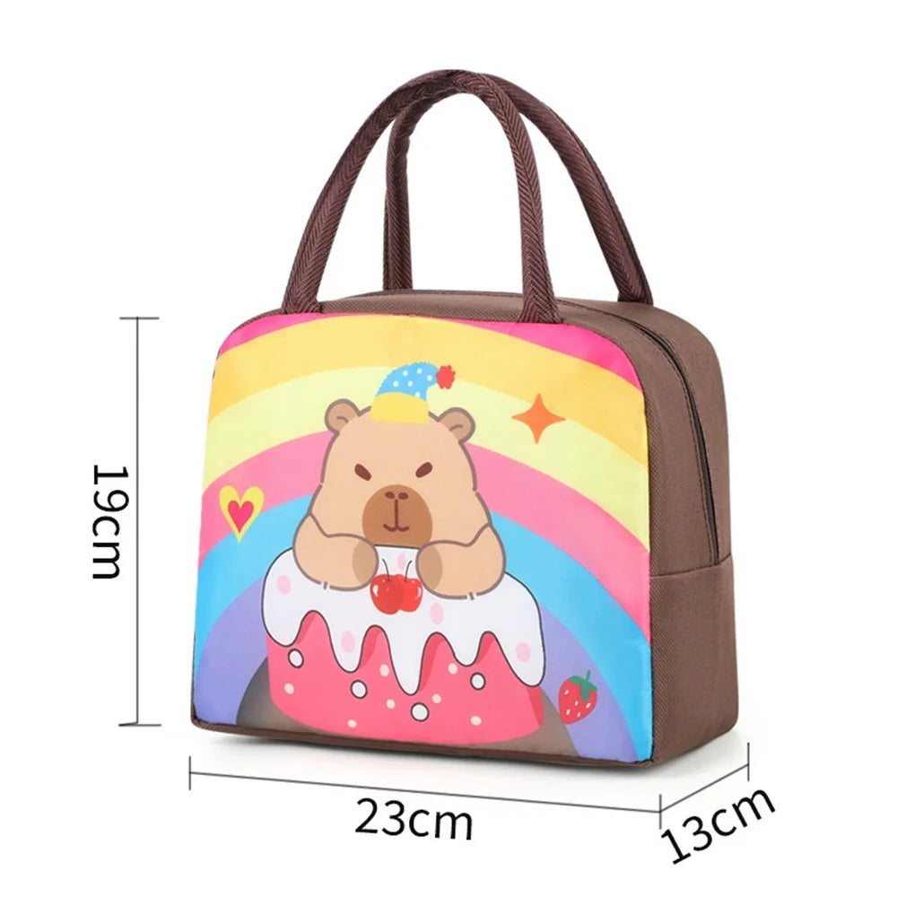 A brown insulated lunch bag featuring a cartoon bear design with a rainbow background.