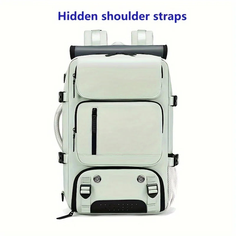 A light green travel backpack with hidden shoulder straps and black accents.