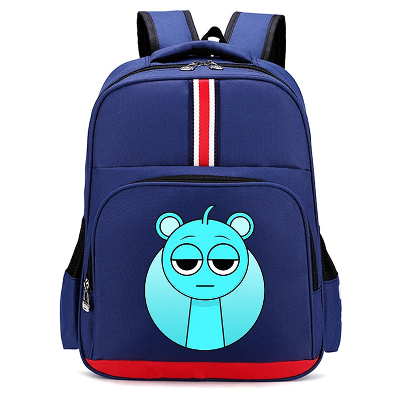 A dark blue cartoon anime backpack featuring a light blue, distressed-looking character face.