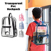 A boy is wearing a clear transparent PVC backpack while standing in a brightly lit room.
