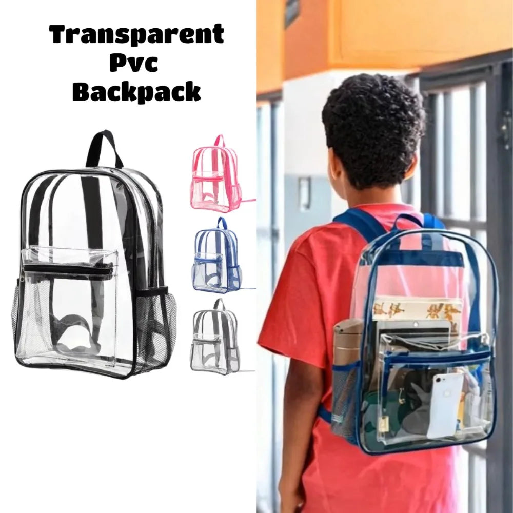 A boy is wearing a clear transparent PVC backpack while standing in a brightly lit room.