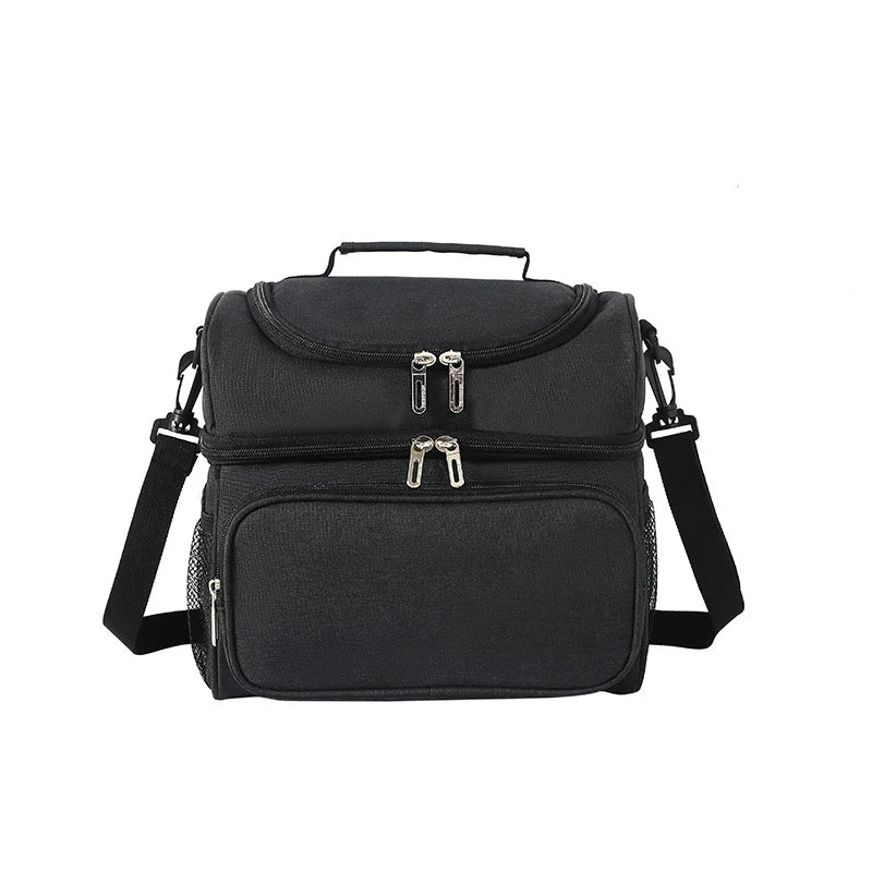 Black insulated double-layer lunch bag with detachable strap.