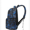 A black and blue graffiti-patterned waterproof backpack for boys.
