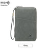 A grey multi-functional RFID blocking passport and document holder with a lanyard.