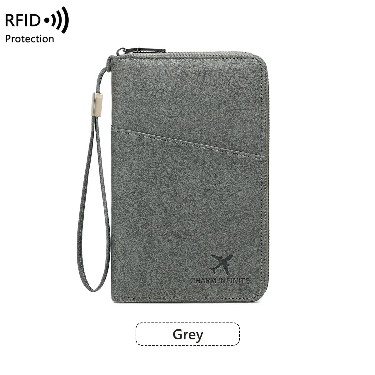 A grey multi-functional RFID blocking passport and document holder with a lanyard.