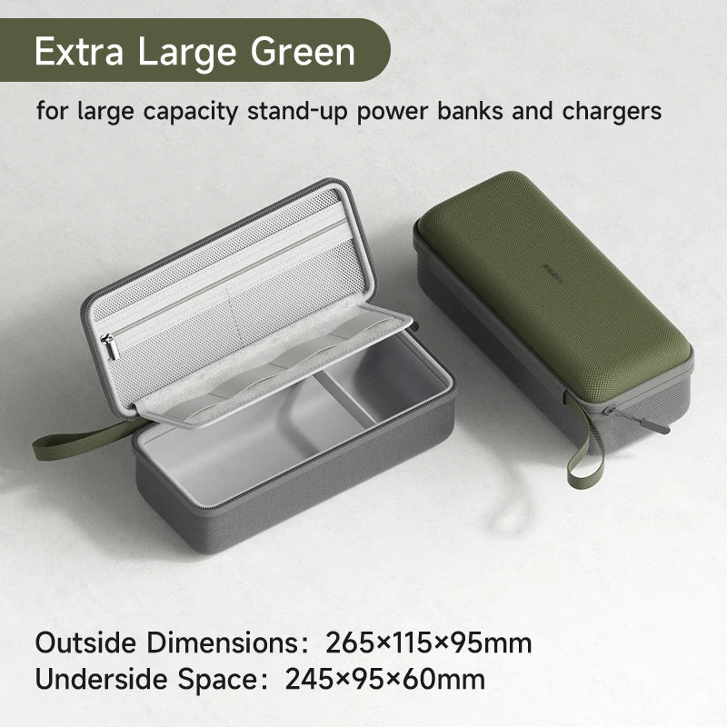 Bolsa portátil de cable verde con tapa abierta, mostrando el interior y las dimensiones.