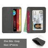 A dark gray slim PU leather mini wallet holding an ID card and bank name card.