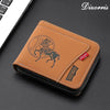 A brown leather wallet with a stitched design is shown on a dark surface.