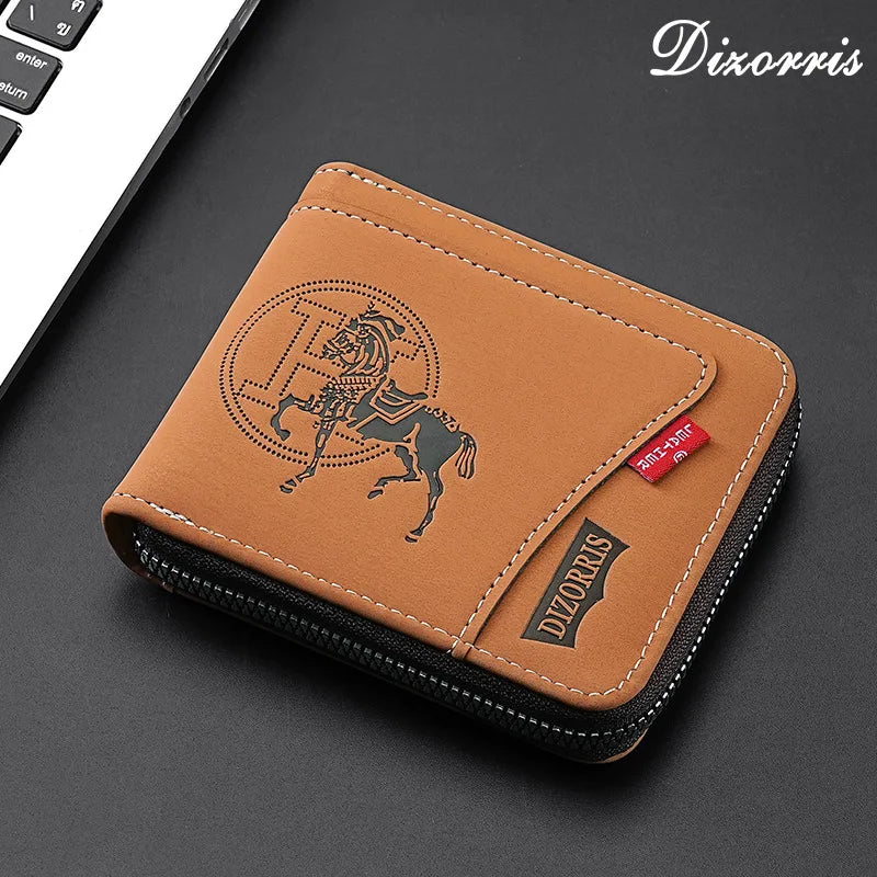 A brown leather wallet with a stitched design is shown on a dark surface.