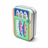 A silver metal storage box with a colorful sardine print design on the lid.