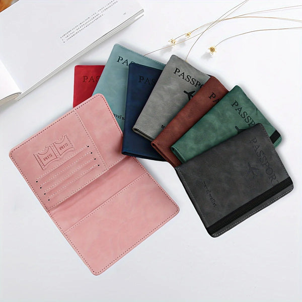 A collection of leather passport holders in various shades of green, brown, and pink resting on a white surface.