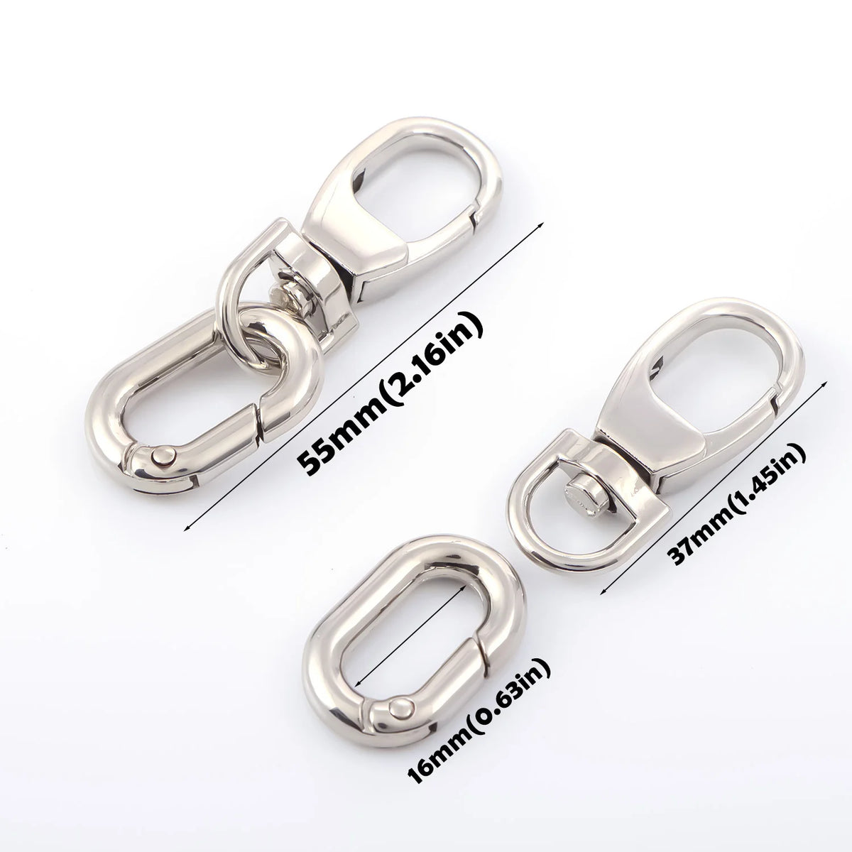 Silver metal swivel lobster claw clasps shown with various sizes and key rings.