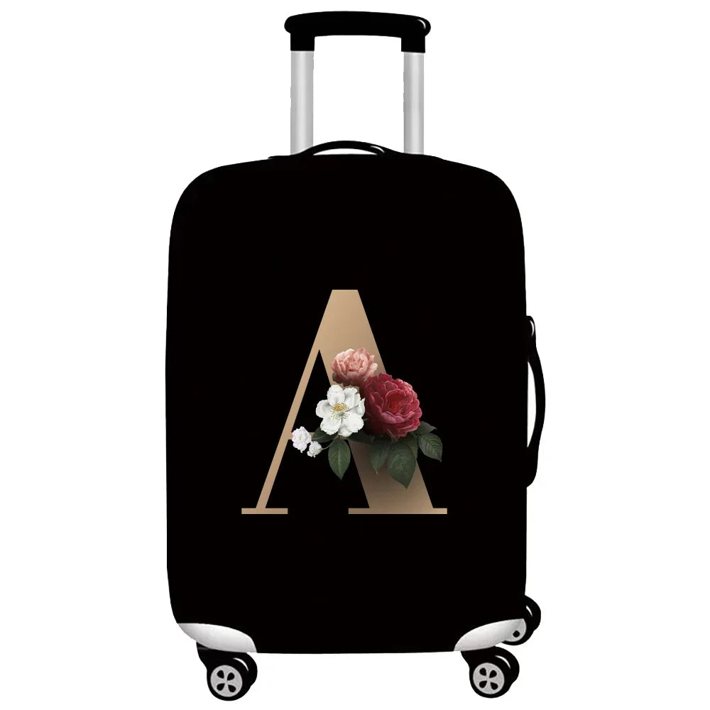 Black premium stretch luggage protective cover with a large letter A design