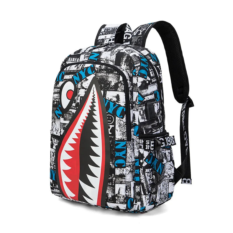 A black and white patterned waterproof anti-theft casual travel backpack with black straps.