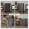 A genuine leather passport card holder displayed in various angles on a wooden surface.