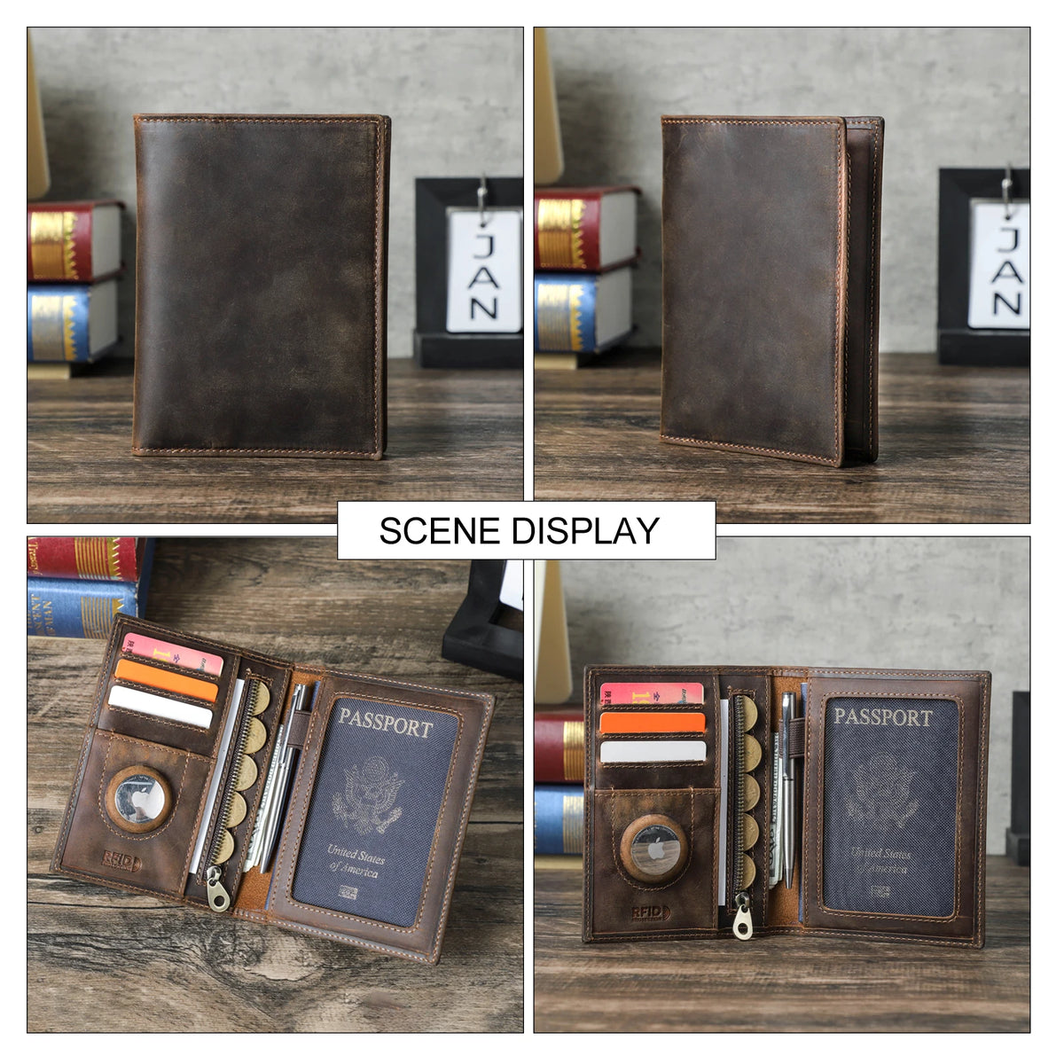A genuine leather passport card holder displayed in various angles on a wooden surface.