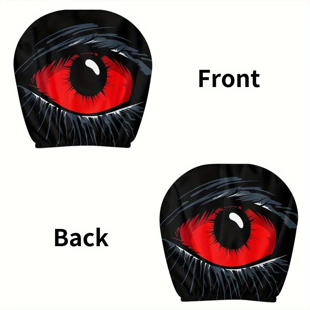 Set of two gothic devil's eye car headrest covers featuring red and black eye designs, shown from the front and back.