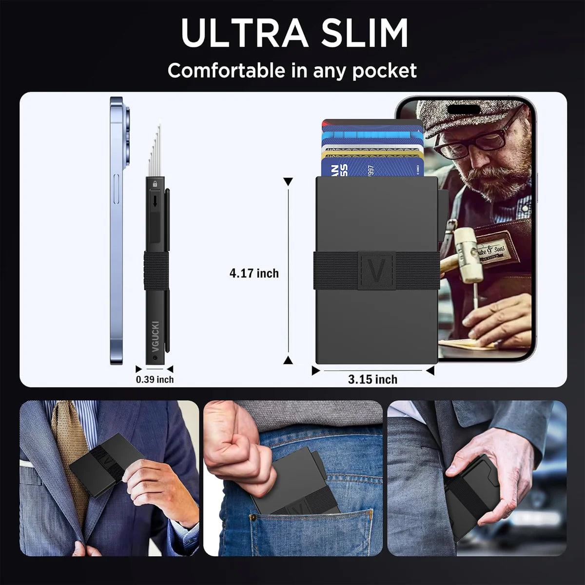 Ultra Slim minimalist metal card holder with an expandable backplate shown in various contexts.