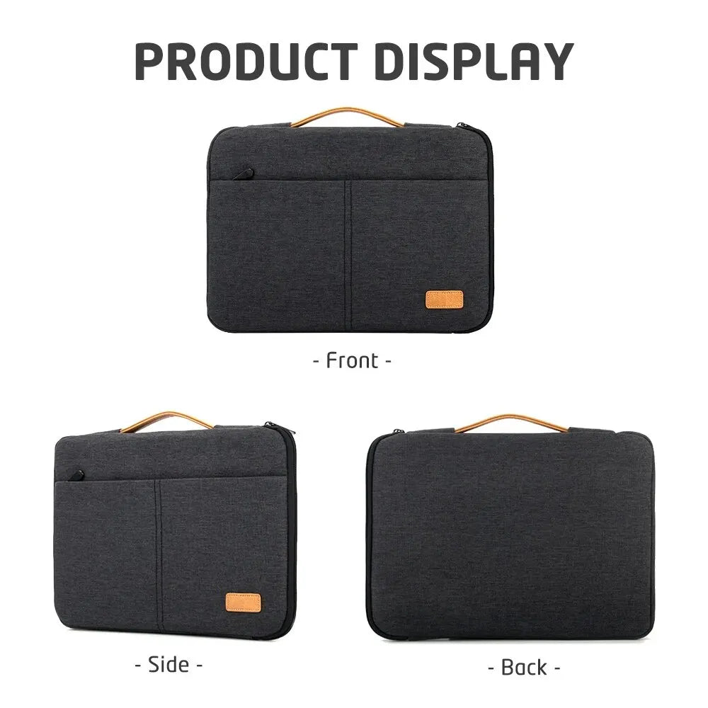 Affichage d'une housse de protection pour ordinateur portable noire et fine, vue de face, de côté et de dos.