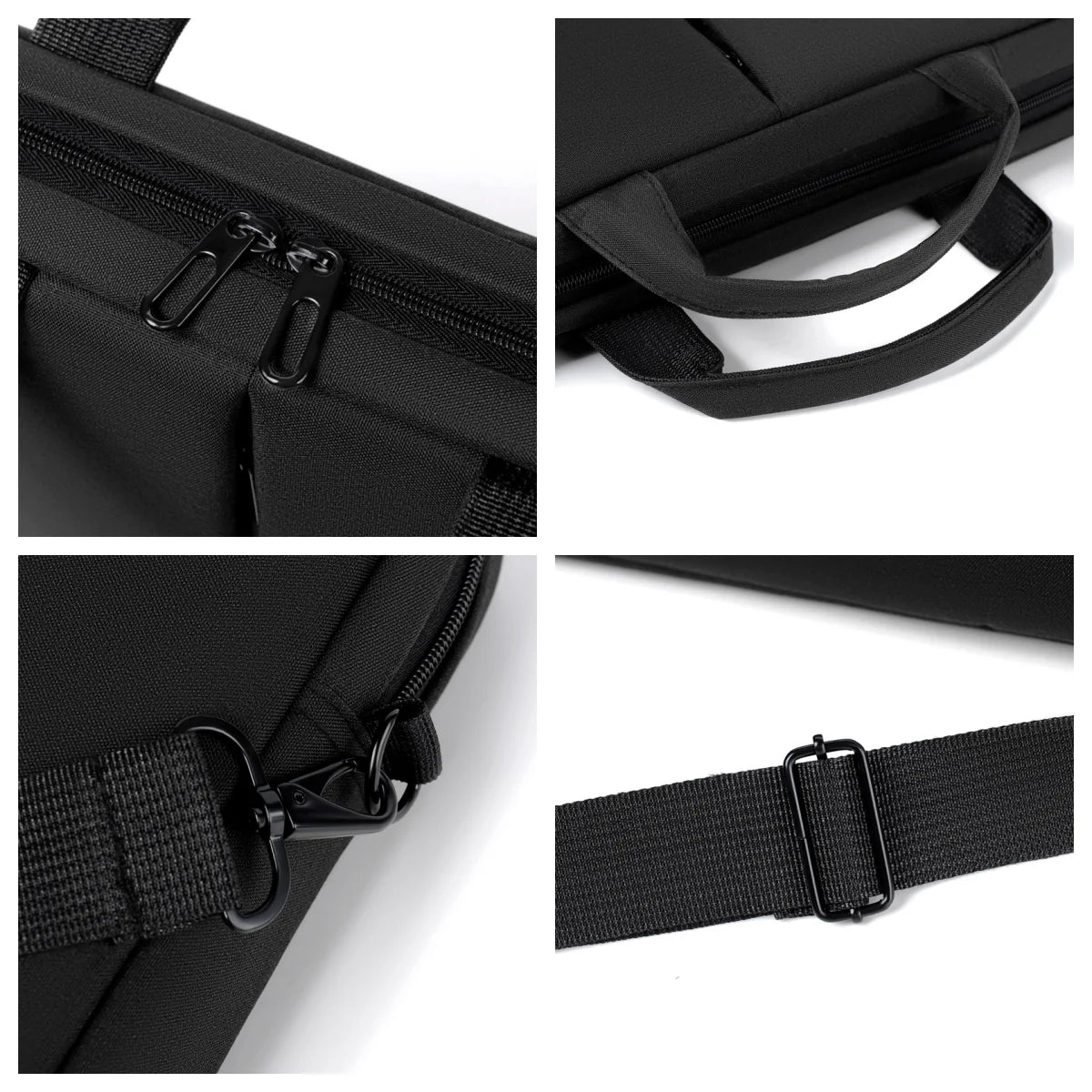 Black slim commuter laptop briefcase showing various zipper and strap details.