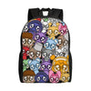 A black soft backpack featuring various Sprunkis characters in colorful designs.
