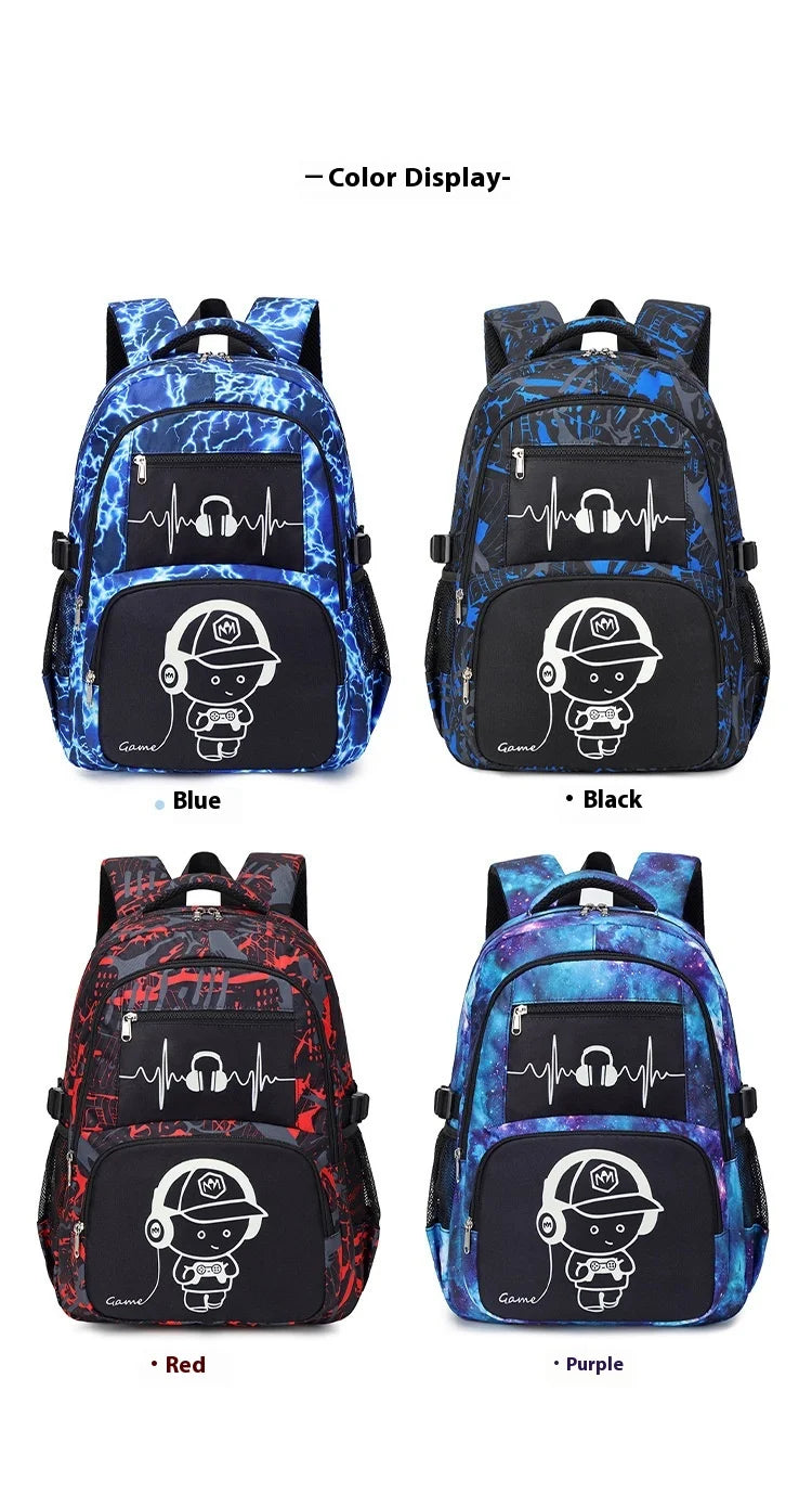 A set of waterproof graffiti backpacks in blue, black, red, and purple featuring a stylized skull design.
