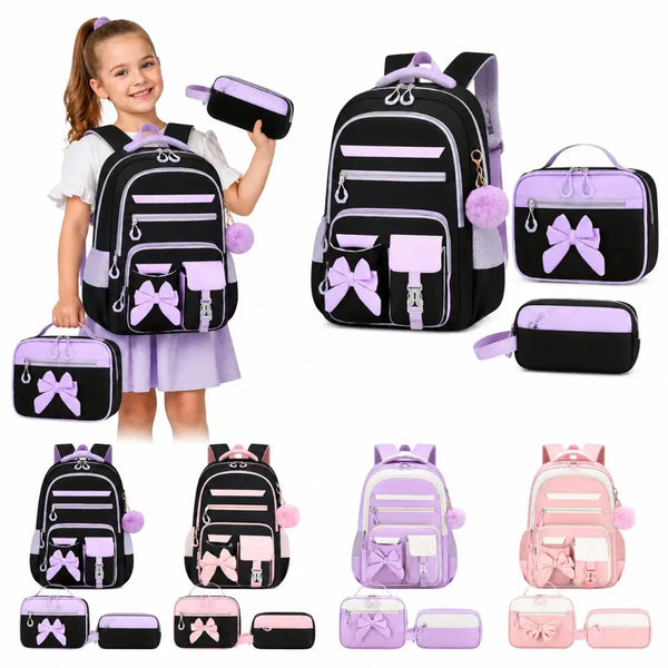 A set of three cartoon-themed school bags for girls in black and purple colors.