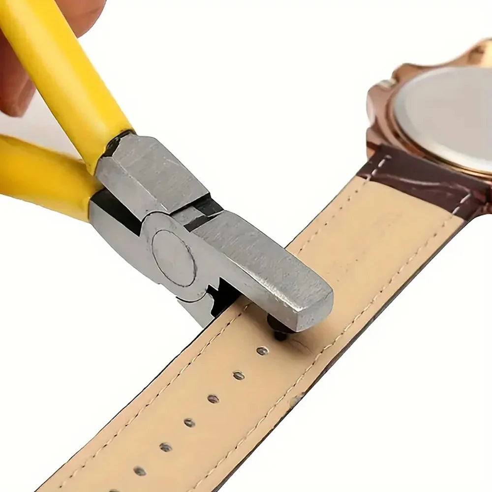 A silver leather hole punch plier is shown clamping onto a tan leather strap for piercing.