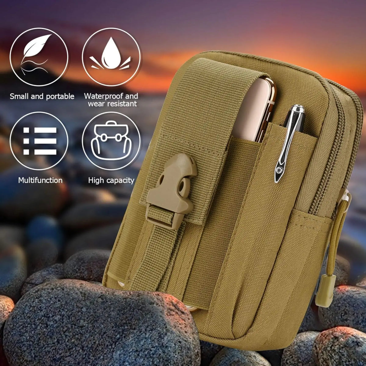 Olive green tactical EDC waist pouch featuring waterproof and wear resistant material with multiple compartments