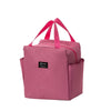 A pink insulated canvas tote bag with double fabric pockets and pink straps.